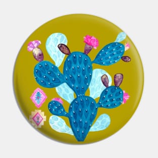 Watercolor Mexican cactus with folk flowers Aztec tiles Pin