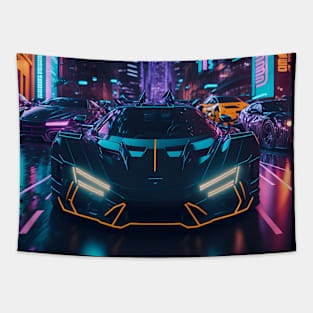 Dark Neon City Sports Car Tapestry