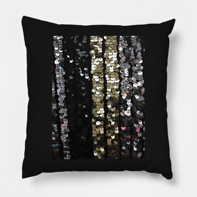 Photographic Image of Sequins in Black, Gold and Silver Pillow by CrazyCraftLady