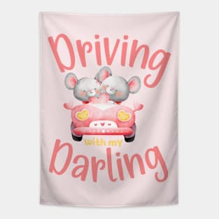 Driving with My Darling - Cute Mouse Valentines Couples Pink Tapestry