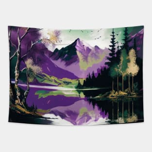 Purple and Green Duotone Mountain Lake Tapestry