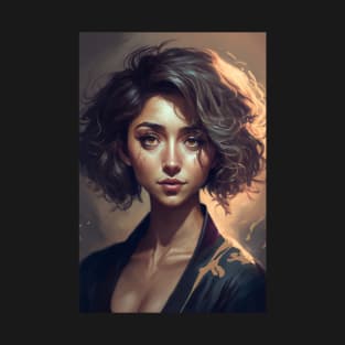 Golden Waves: A Portrait of a Beautiful Girl with Short Wavy Hair T-Shirt