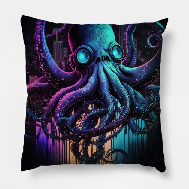 Cyberpunk Octopus Abstract Animal Sea Creature Art Pillow by Art-Jiyuu