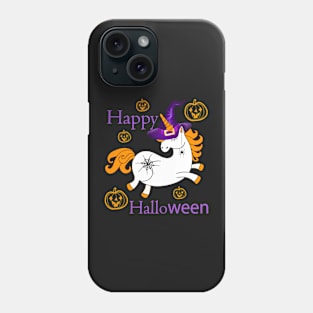 Enchanted Halloween: a baby unicorn in a wizard's hat with a spider web tattoo and a spider earring, against a Jack-o'-Lanterns background Phone Case