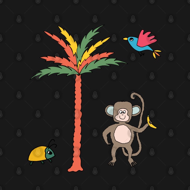 Monkey and banana with tropical bird, beetle and palm tree - kids décor and stickers by FrancesPoff