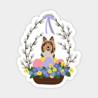 Rough Collie Dog with Easter Basket Made of Pussy Willow and Colorful Eggs Magnet