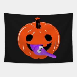 Halloween Worm on a string on pumpkin. Consciousness is an Illusion It's Worm Time Babey! Tapestry