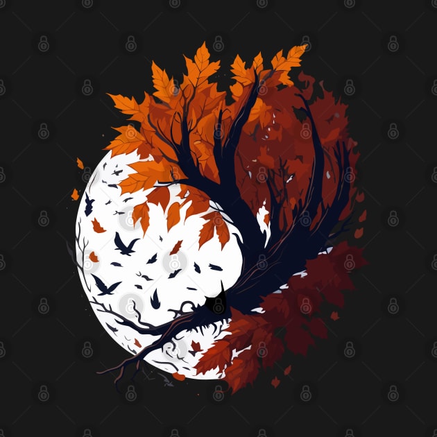 Autumn leaves with tree, moon and bats by webbygfx