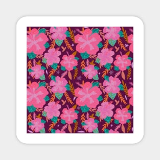 Tropical Pink Hibiscus Flower Purple Pattern Magnet