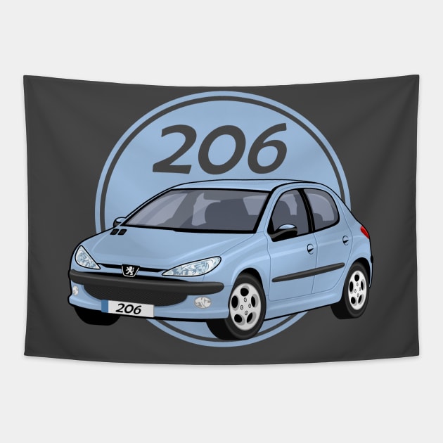 car peugeot 206 sporty cartoon vector blue Tapestry by creative.z