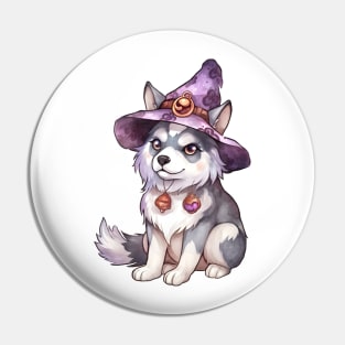 Watercolor Siberian Husky Dog in Witch Hat Pin