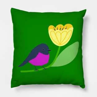 Pink robin on a yellow tulip Pillow