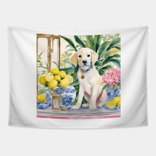 Blonde Labrador puppy and chinoiserie jars Tapestry