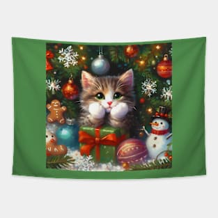 Christmas cat painting with gifts and snowman Tapestry
