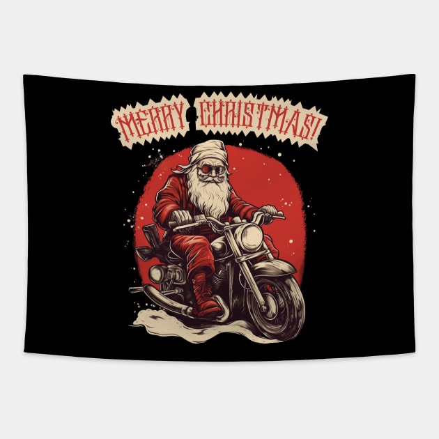 Santa Celebrate Christmas With Motorcycle Tapestry by FrogandFog