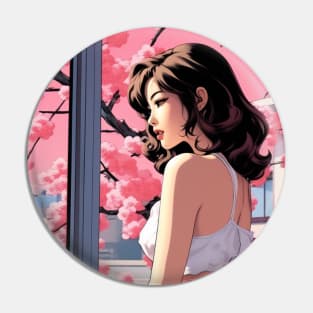 Japanese Girl Enjoying Cherry Blossom - Anime Drawing Pin