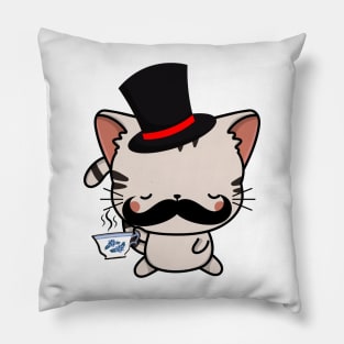 Sophisticated Tabby Cat Drinking Tea wearing a top hat Pillow