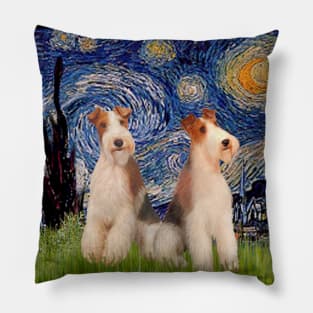 Starry Night Adapted to Include Two Wire Fox Terriers Pillow