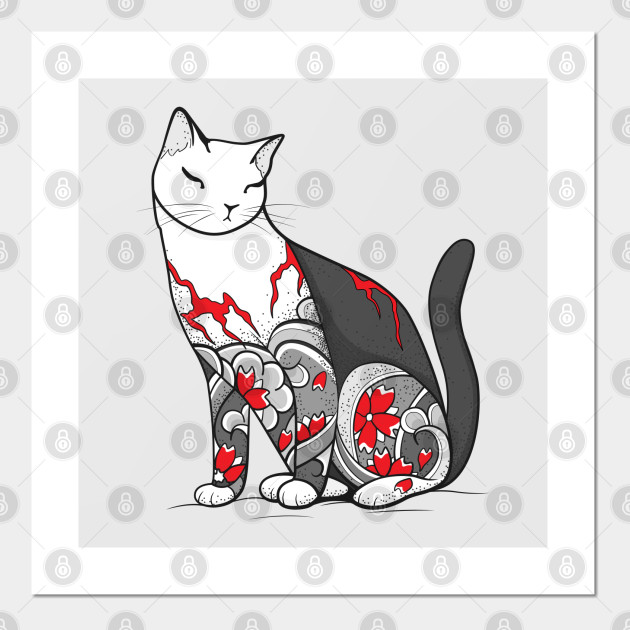 Cat In Cherry Blossom Tattoo Cat Posters And Art Prints