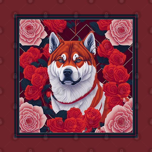 Dogs, akita inu and flowers, dog, style vector (red version akita-inu, hachi) by xlhombat