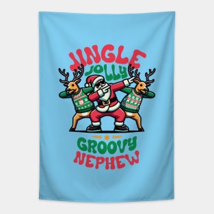 Nephew - Holly Jingle Jolly Groovy Santa and Reindeers in Ugly Sweater Dabbing Dancing. Personalized Christmas Tapestry