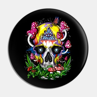 Psychedelic Magic Mushrooms Skull Pin