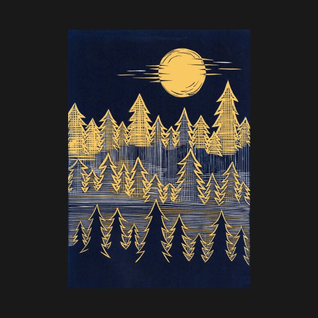 Misty, Moonlit Trees Linocut in Blue and Yellow by Maddybennettart