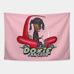 Cute Doxie Dog driving hotdog golf cart on Black Dachshund Driving Golf Cart Tapestry