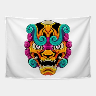 The Furious Japanese Lion 2 - Komainu Vector art illustration Tapestry