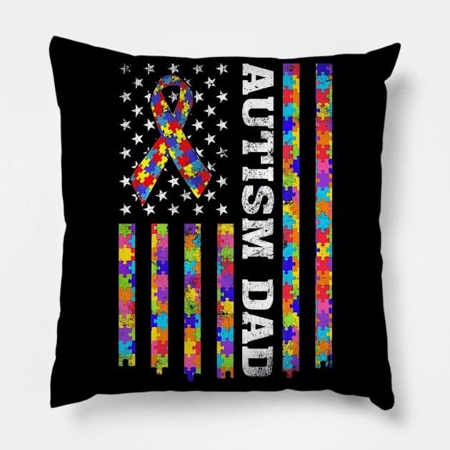 Autism Awareness Proud Autism Dad Vintage US Flag Pillow by mlleradrian