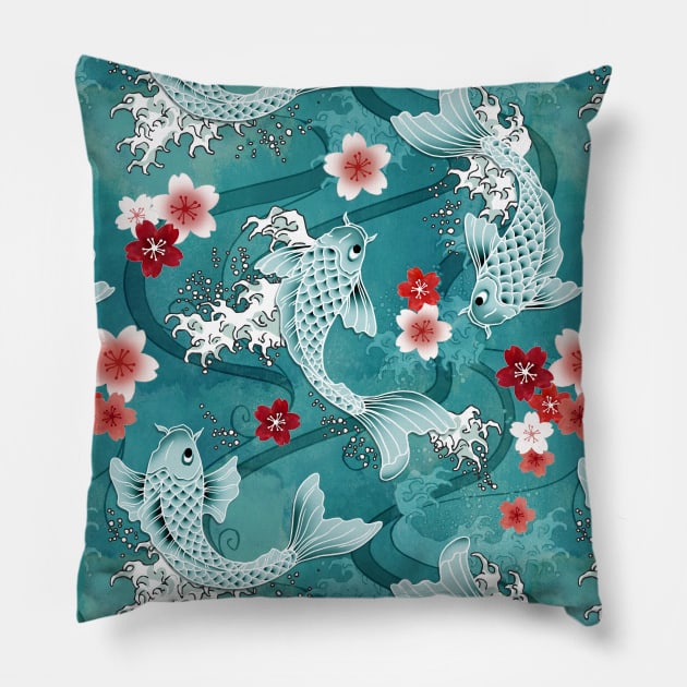 Koi sakura blossom in green Pillow by adenaJ