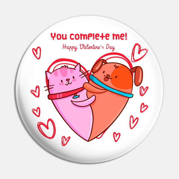 You complete me ! Happy valentines day. Cat and Dog heart Pin by Frispa