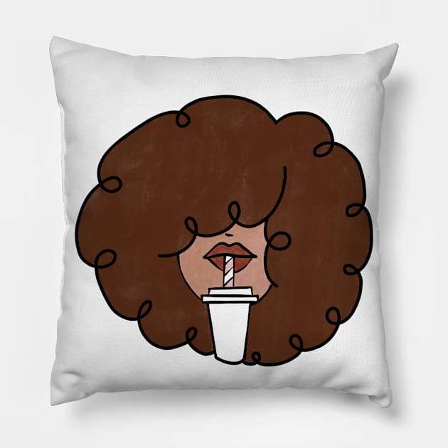 Pepette with a straw Beautiful Black Woman Drinking in a Travel Mug Cute Coffee Dates Coffee Espresso Cappuccino Latte Macchiato Coffee with Milk Cute Black Woman with Afro Hair Natural Hair Curly Hair Perfect Coffee Lover Gift for African American Pillow by nathalieaynie