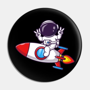 Astronaut Riding Rocket With Peace Hand Cartoon Pin