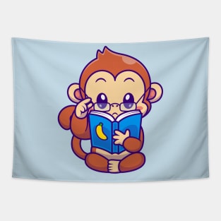 Cute Monkey Reading Book Banana With Glasses Cartoon Tapestry