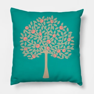 ORANGERIE Citrus Fruit Orange Tree Grove Tropical Botanical in Vintage 1970s Beige Sand and Bright Blush Orange on Turquoise - UnBlink Studio by Jackie Tahara Pillow