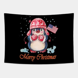 Cute Penguins With American Flag Merry Christmas Tapestry