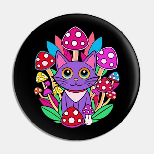 Purple trippy cat and mushrooms Pin