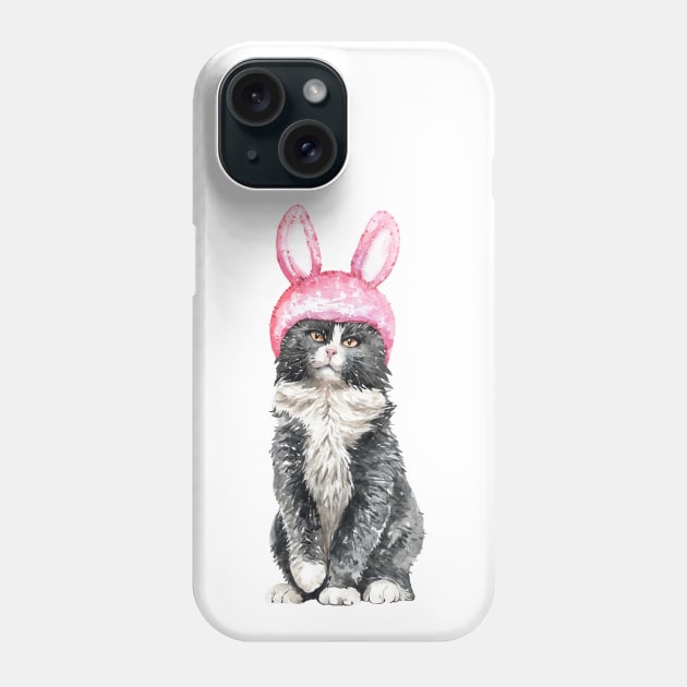 funny Watercolor Black & White Cat Wearing Rabbit Helmet Phone Case by labatchino