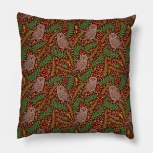 Brown owls amoung mashroom green fern and red berries Pillow