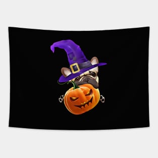 French bulldog, witch hat, scary halloween, jack pumpkin, spooky Tapestry