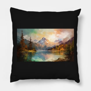 Majestic Peaks and Serene Lakes: A Vibrant Mountain Landscape Oil Painting #4 Pillow