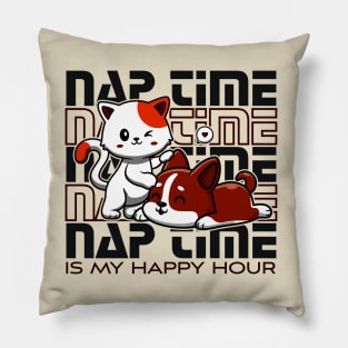 cat and dog naptime is my happy hour, Kawaii Cute kitty and puppy sleeping Pillow