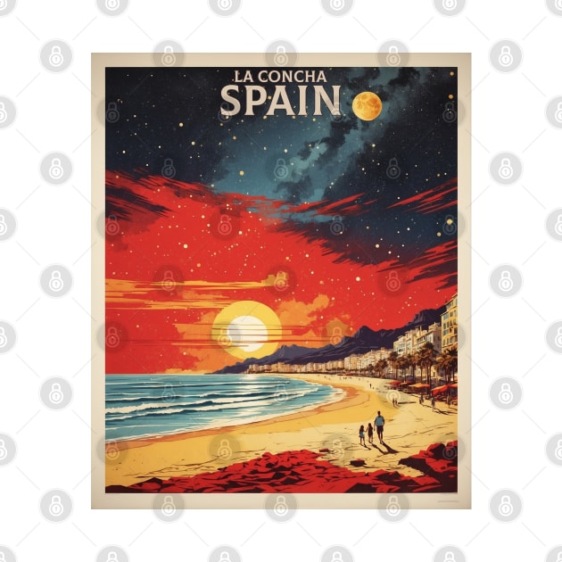 La Concha Beach Spain Starry Night Travel Tourism Retro Vintage Art by TravelersGems