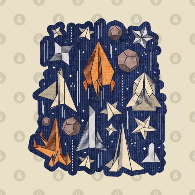 Reaching for the stars // illo // navy blue background ivory grey brown and orange origami paper asteroids stars and space ships traveling light speed by SelmaCardoso