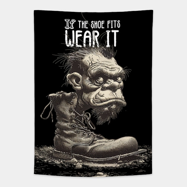 The Troll: If the Shoe Fits, Wear It on a dark (Knocked Out) background Tapestry by Puff Sumo