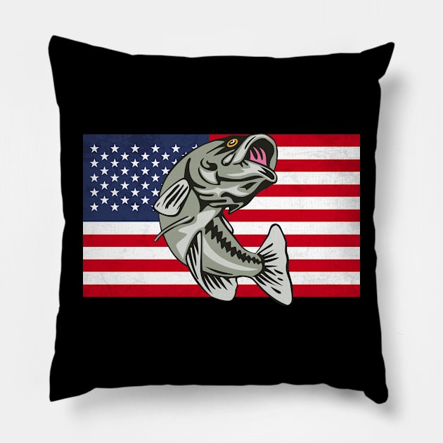 Vintage American Flag Patriotic Bass Fishing Pillow by JB.Collection