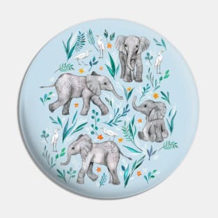 Baby Elephants and Egrets in Watercolor - egg shell blue Pin