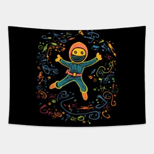 Colorful Ninja Chalk Drawing: Vibrant Yellow, Blue, Orange & Pink Colors Tapestry