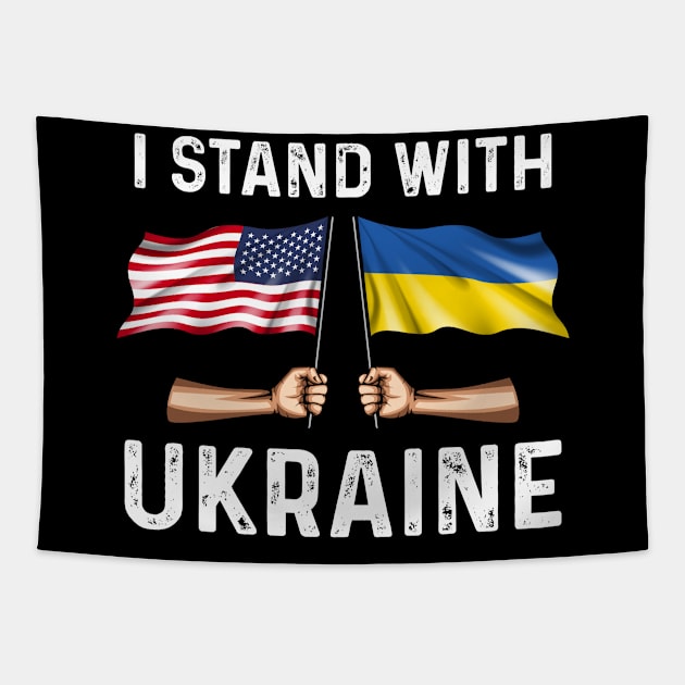 I Stand With Ukraine USA and Ukraine Flags Holding Hands Tapestry by BramCrye